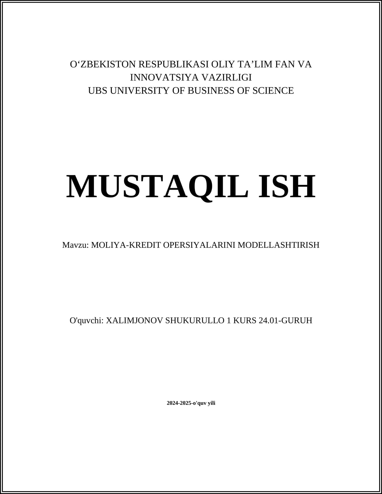 MOLIYA-KREDIT OPERSIYALARINI MODELLASHTIRISH