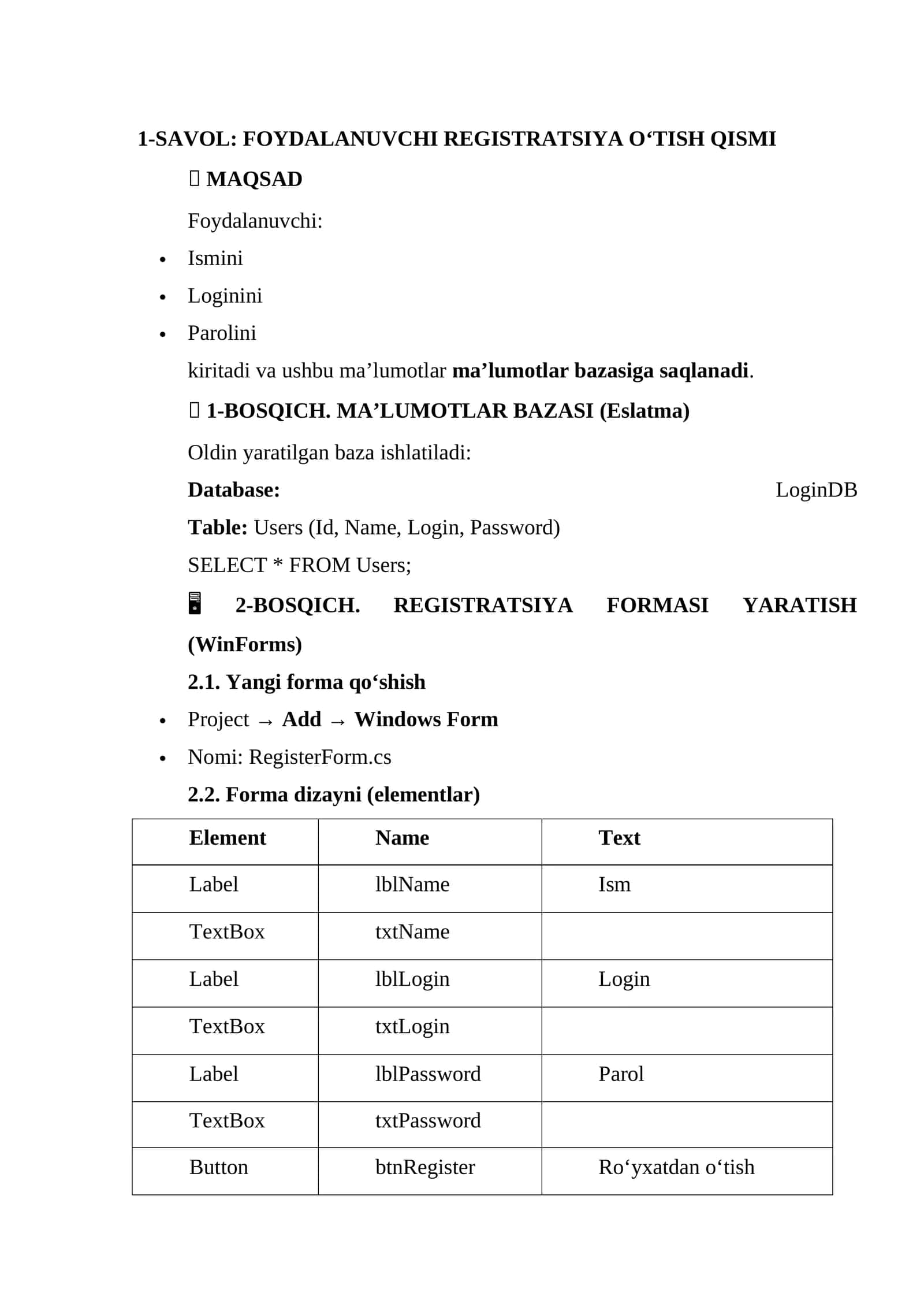 REGISTRATSIYA FORMASI YARATISH