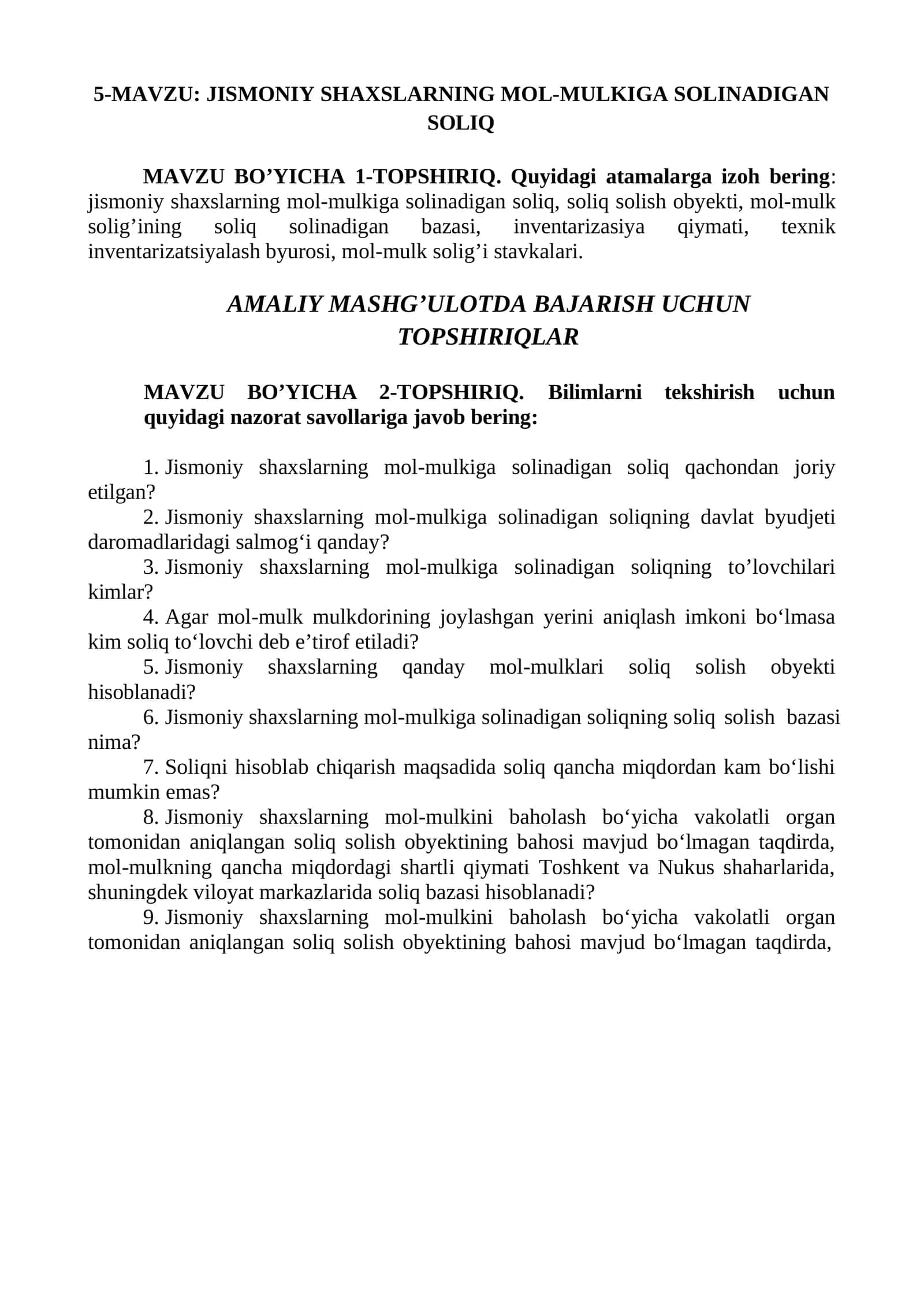 JISMONIY SHAXSLARNING MOL-MULKIGA SOLINADIGAN SOLIQ