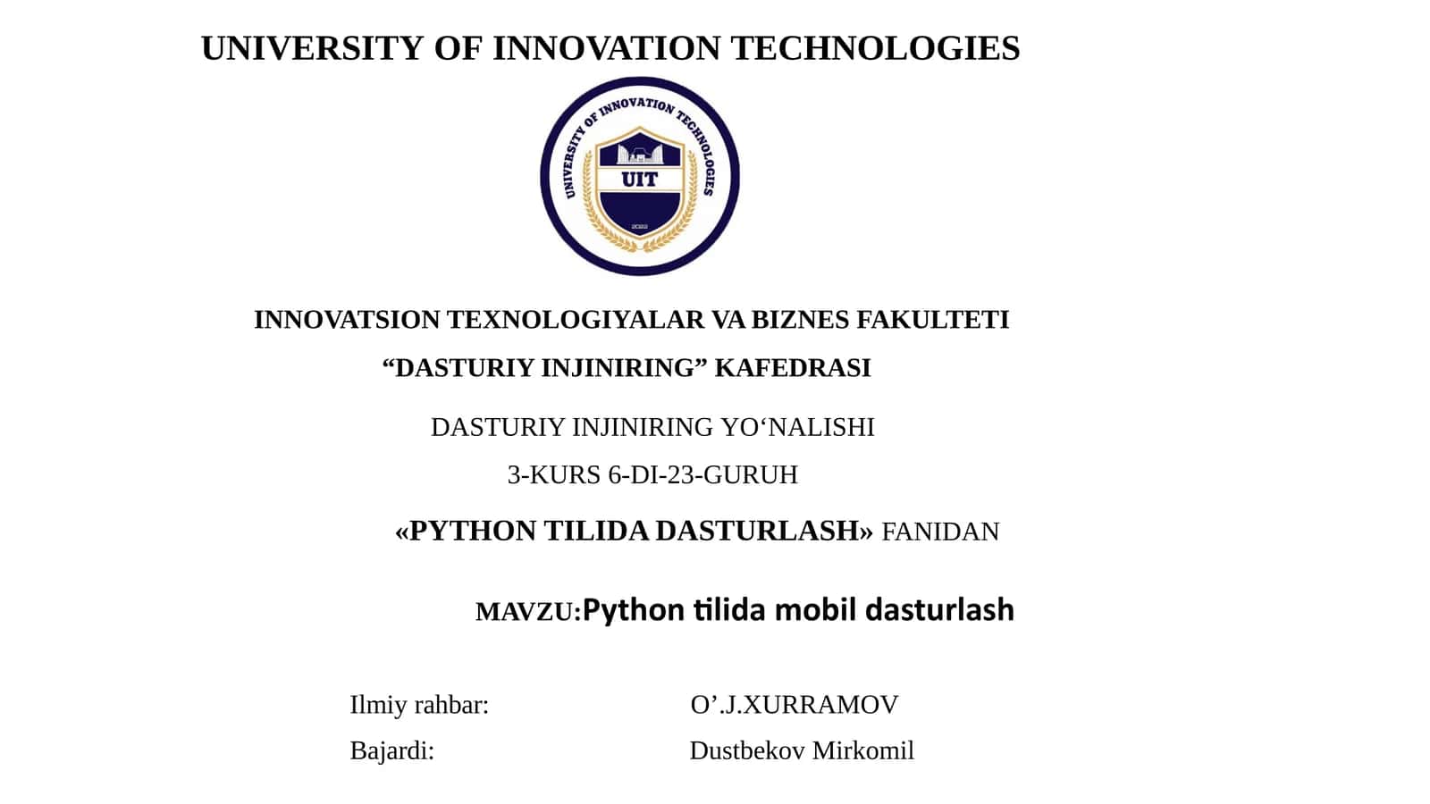 PYTHON TILIDA DASTURLASH