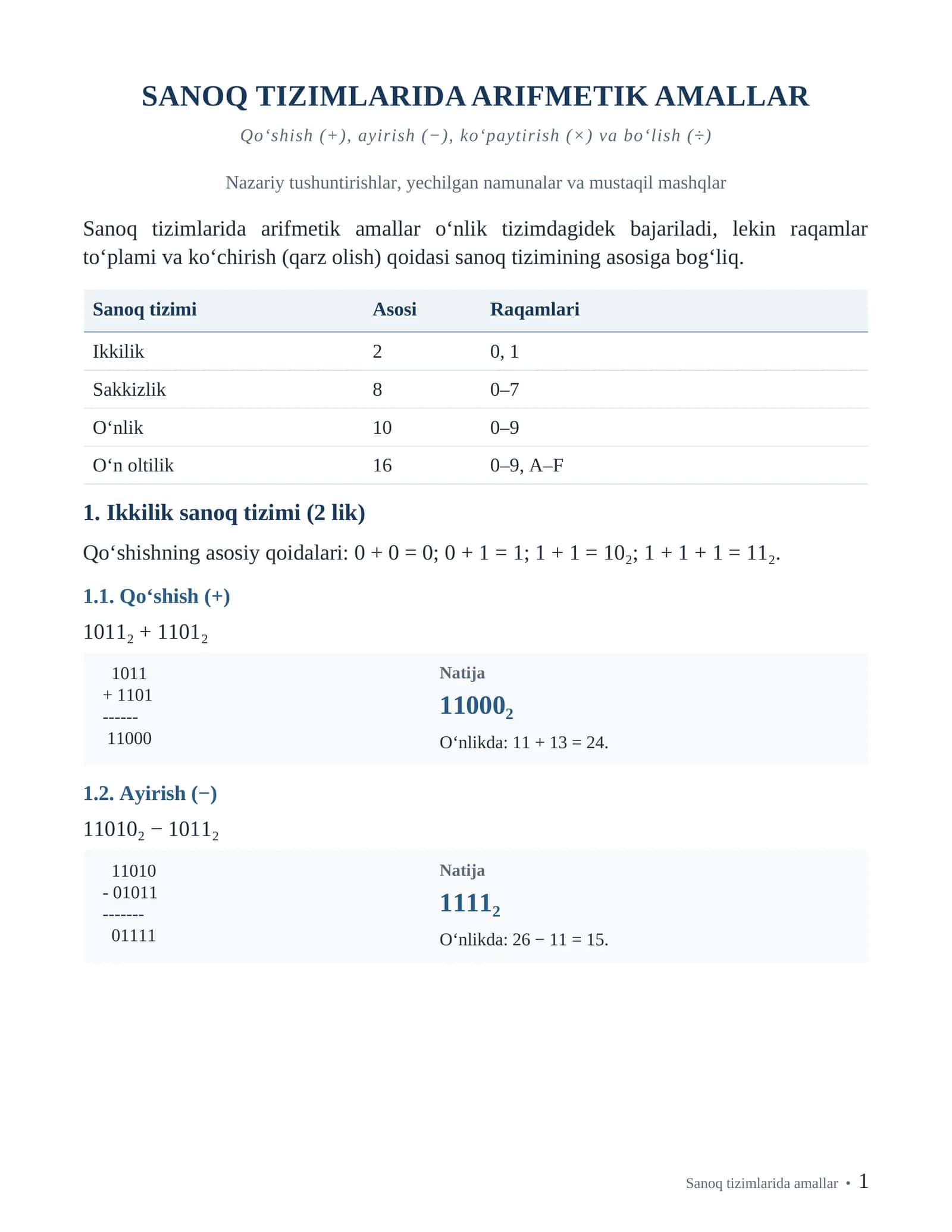 SANOQ TIZIMLARIDA ARIFMETIK AMALLAR