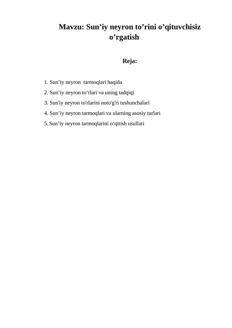 Sun’iy neyron to’rini o’qituvchisiz o’rgatish