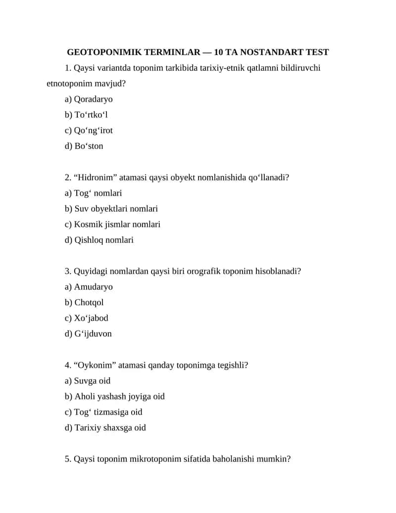 GEOTOPONIMIK TERMINLAR — 10 TA NOSTANDART TEST