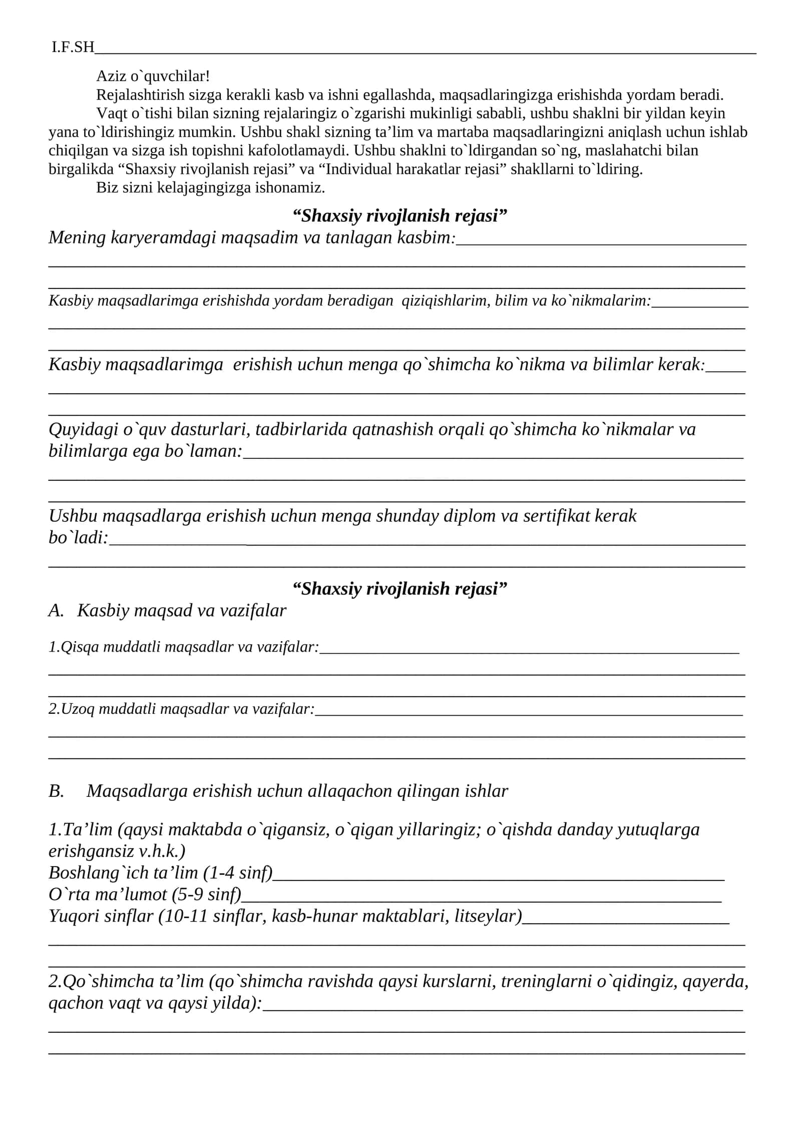 Shaxsiy rivojlanish rejasi