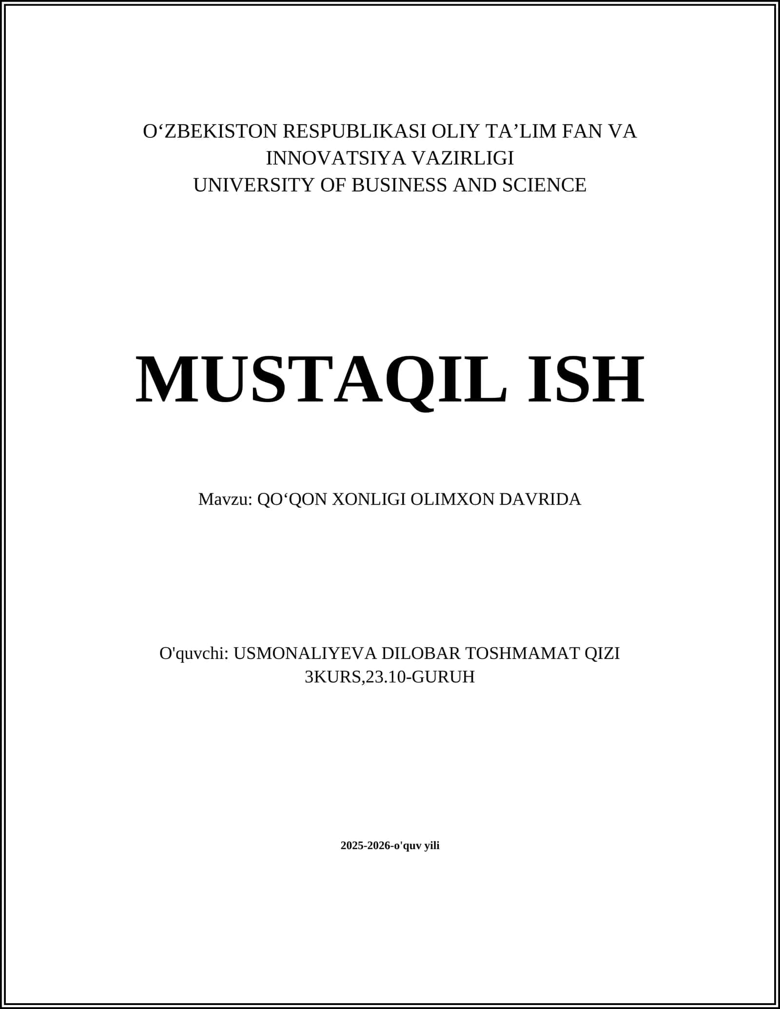 Olimxon davrida Qo'qon xonligi siyosiy tashkiloti va ma'muriy boshqaruvi