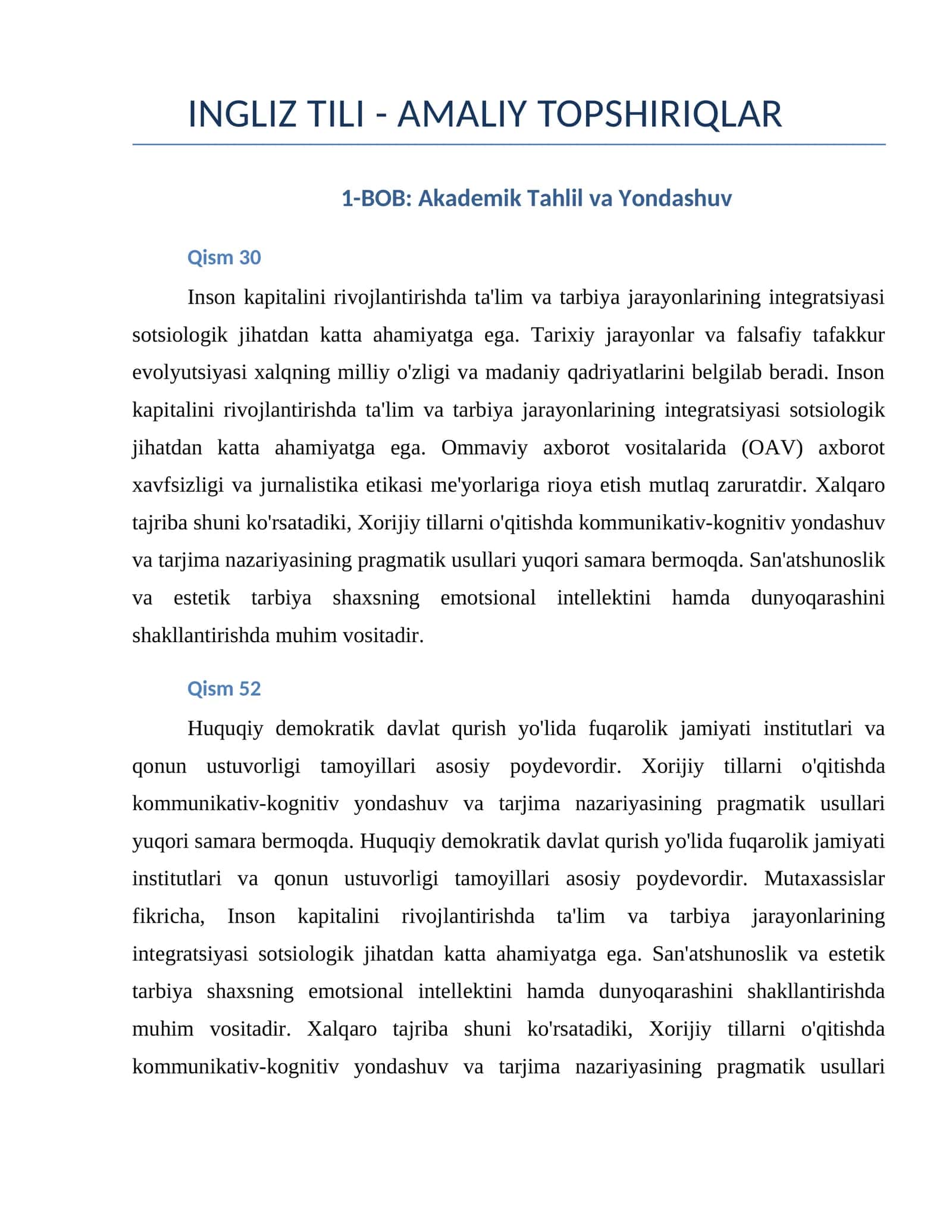 INGLIZ TILI - AMALIY TOPSHIRIQLAR