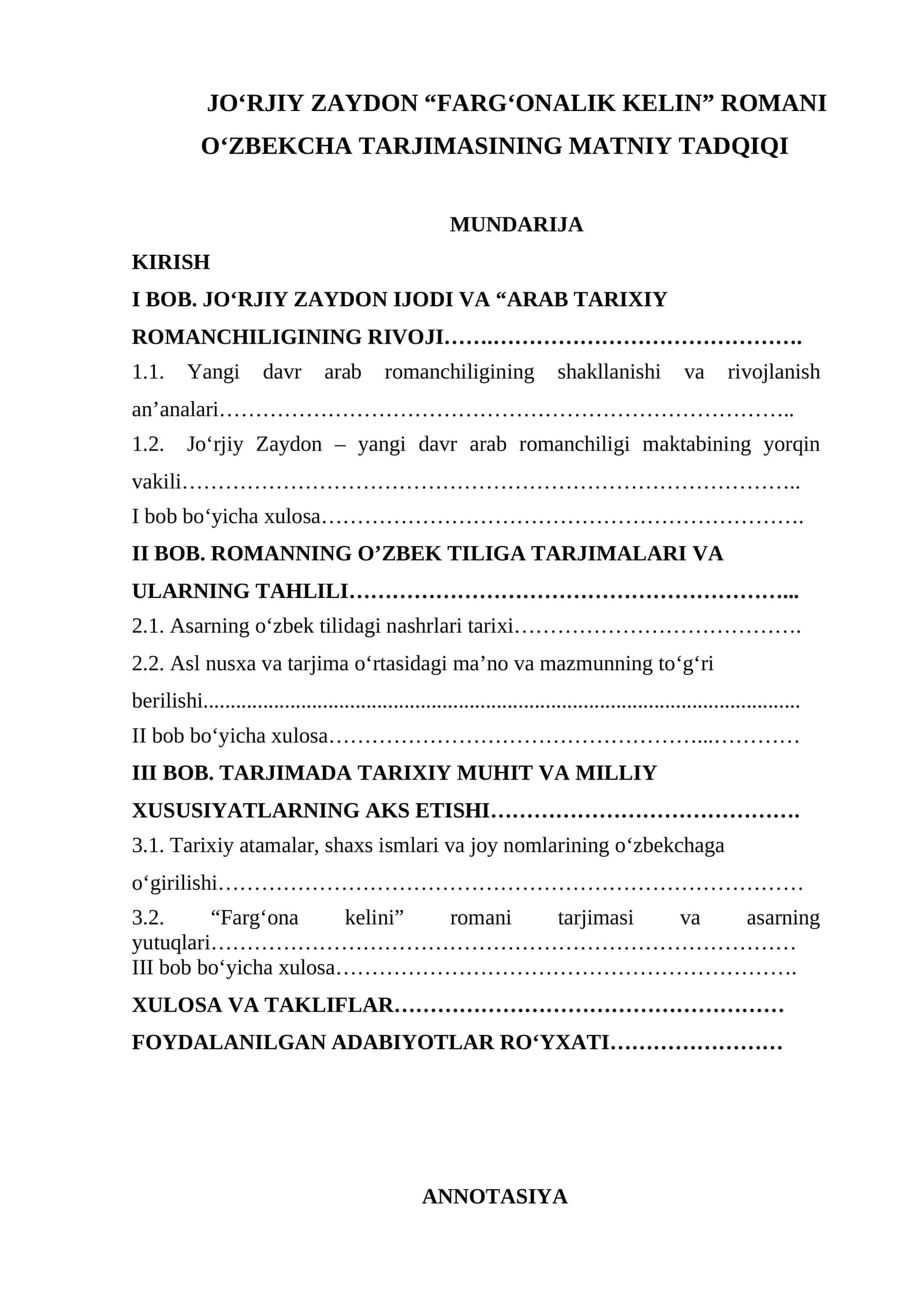 DISSERTATSIYA Jo'rjiy Zaydon “Farg'onalik kelin” romani o'zbekcha tarjimasining matniy tadqiqi