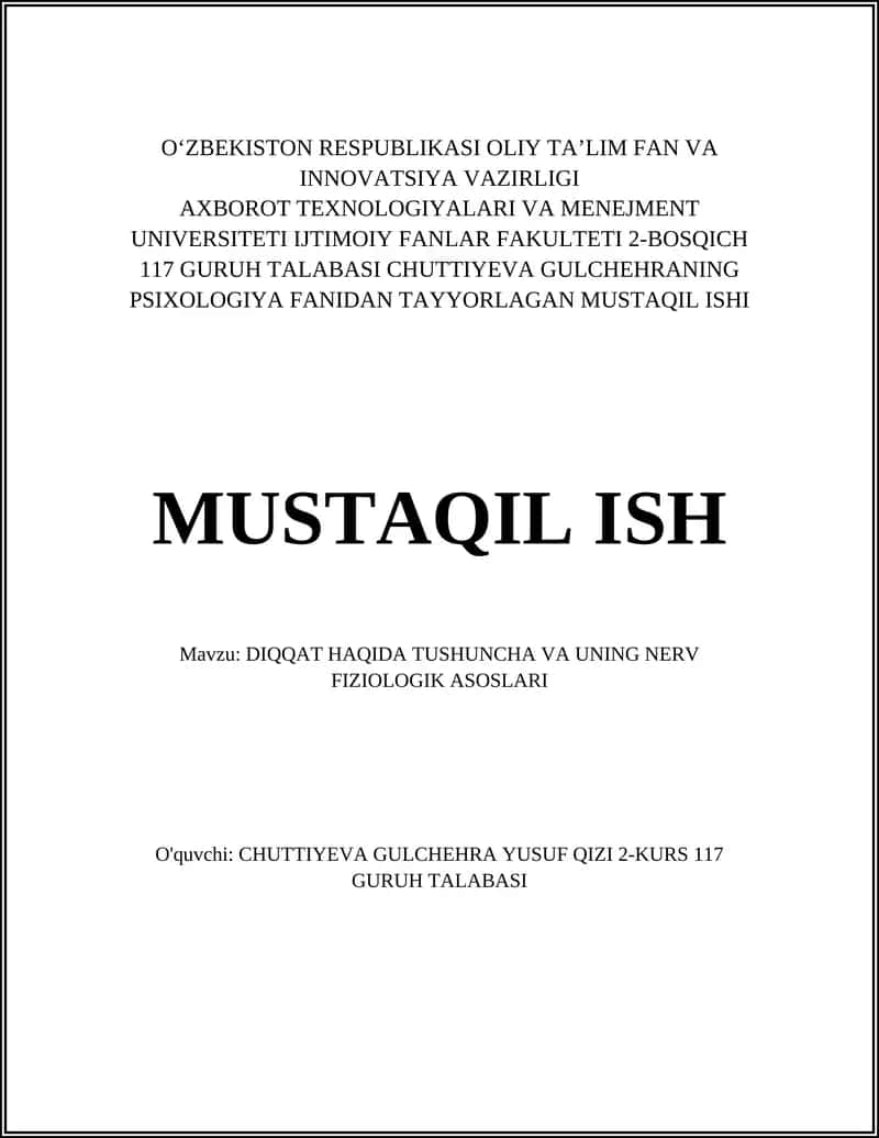 Chuttiyeva Gulchehraning Psixologiya Fanidan Tayyorlagan Mustaqil Ishi