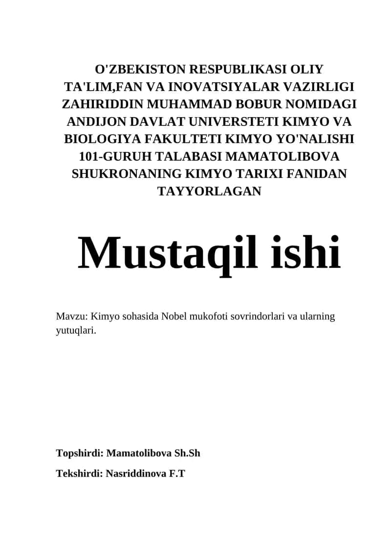 Kimyo sohasida Nobel mukofoti sovrindorlari va ularning yutuqlari