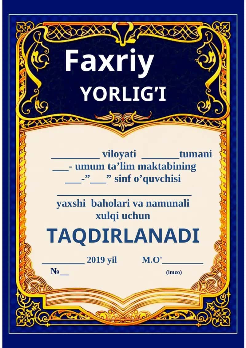 Faxriy YORLIG’I Faxriy yorliq shablon Word