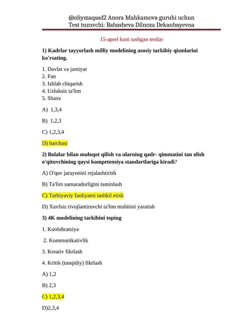 Test tuzuvchi: Babasheva Dilnoza Dekanbayevna