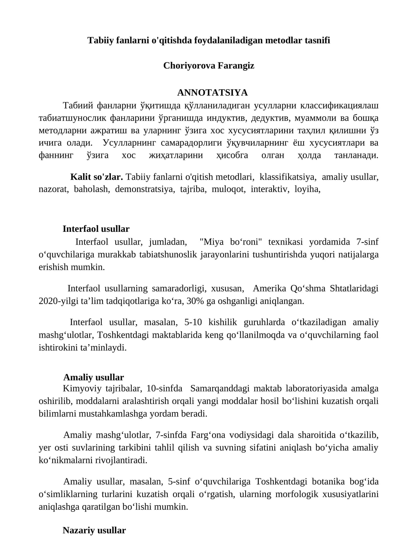 Tabiiy fanlarni o'qitishda foydalaniladigan metodlar tasnifi