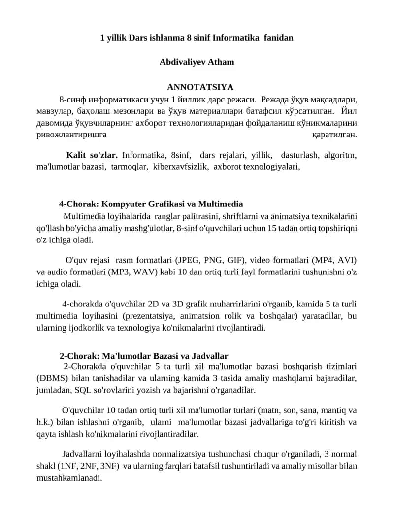 1 yillik Dars ishlanma 8 sinif Informatika fanidan