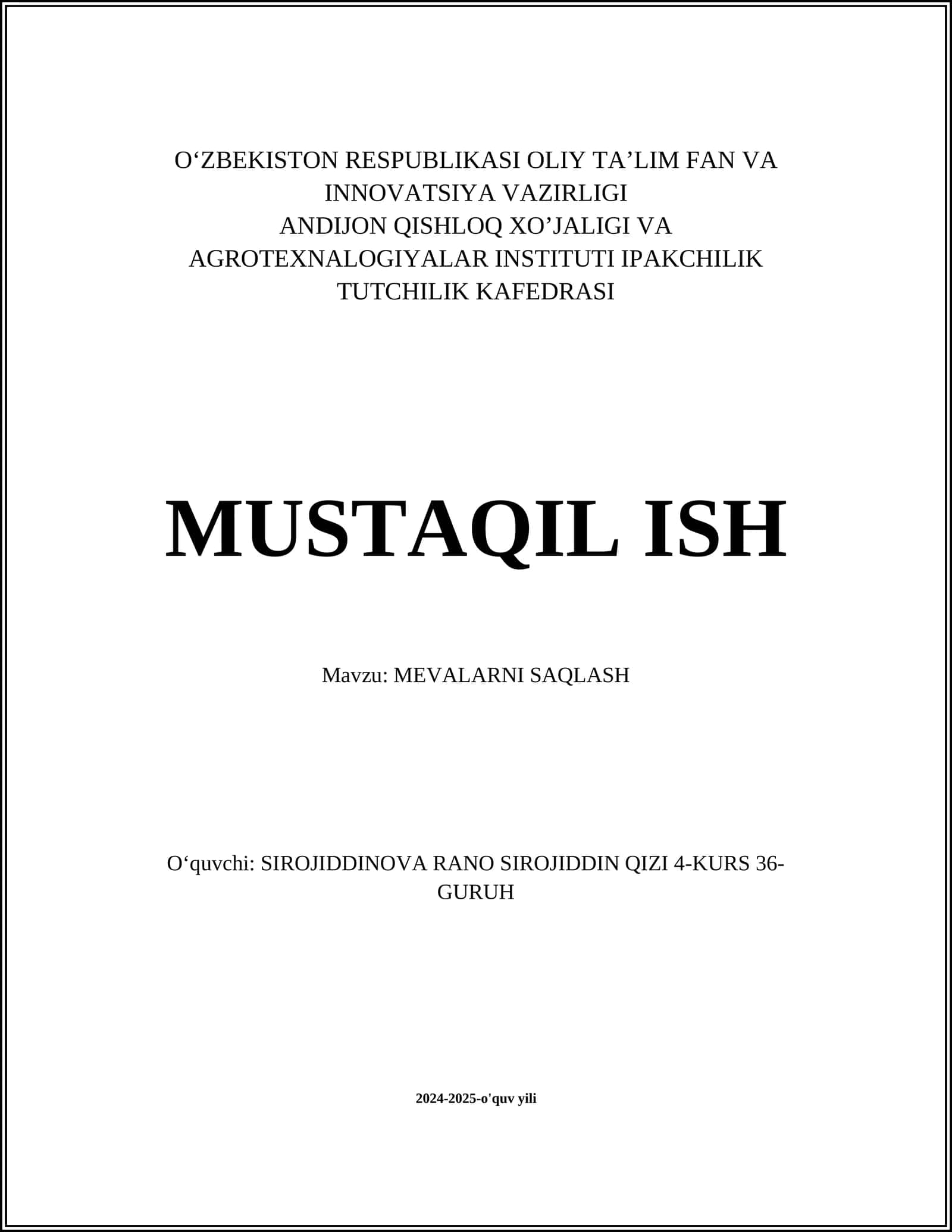 MEVALARNI SAQLASH