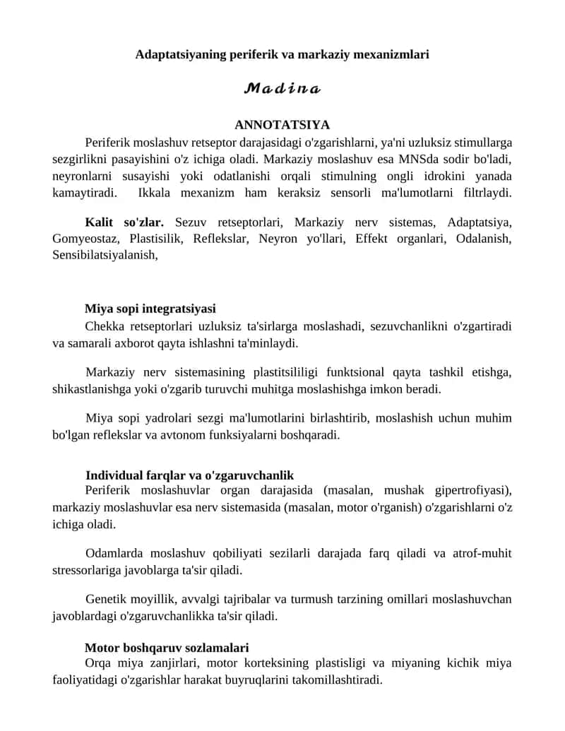Adaptatsiyaning periferik va markaziy mexanizmlari