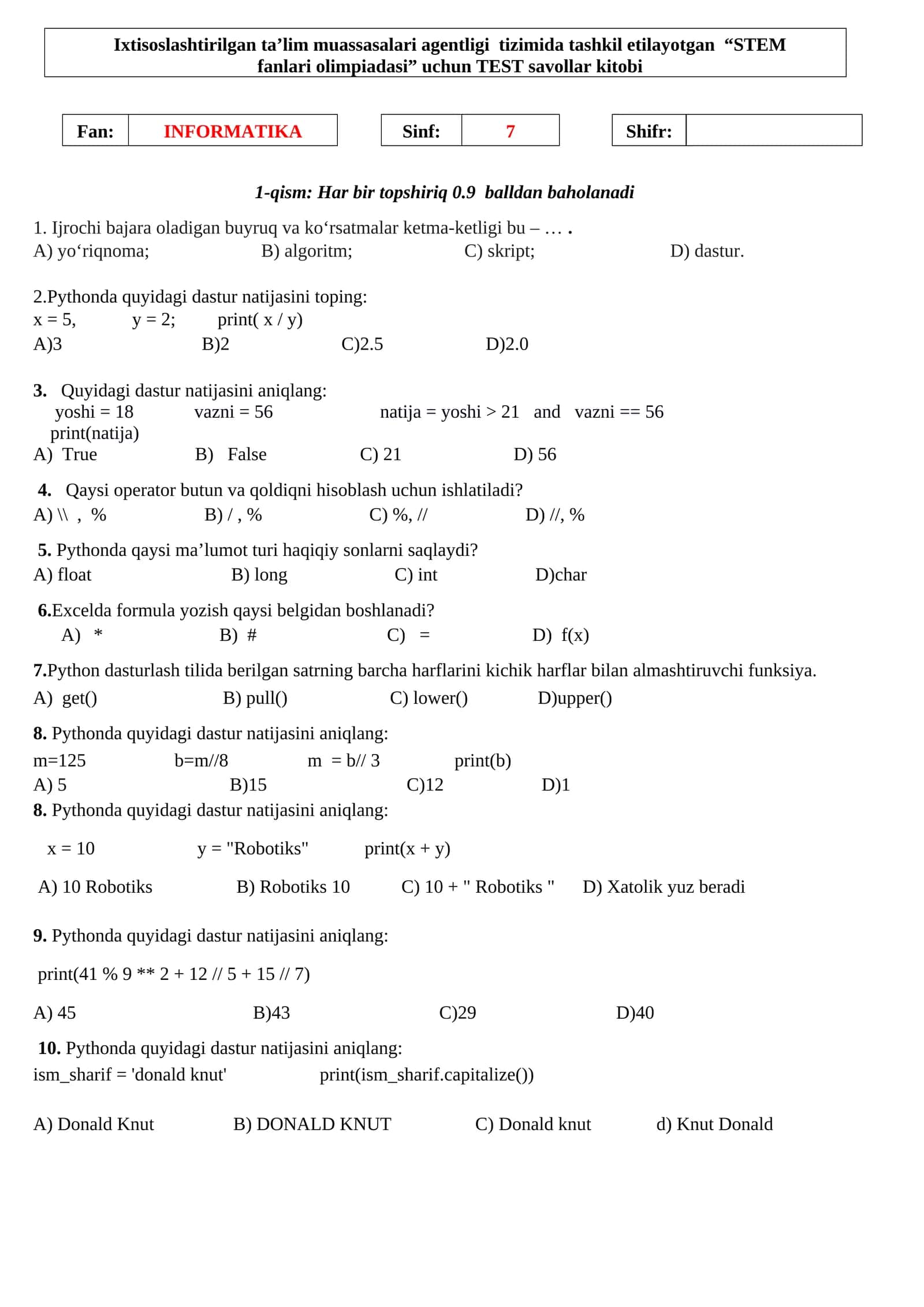 STEM fanlari olimpiadasi uchun TEST savollar kitobi
