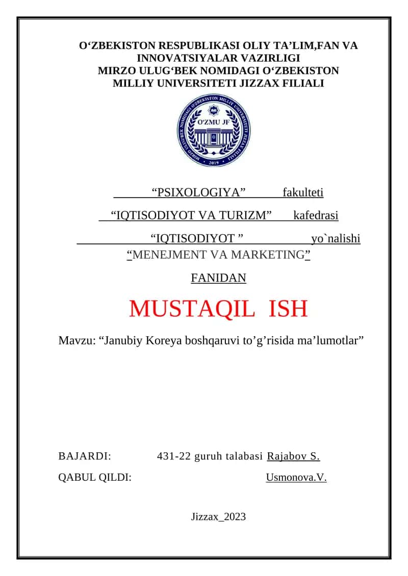 Janubiy Koreya boshqaruvi to’g’risida ma’lumotlar