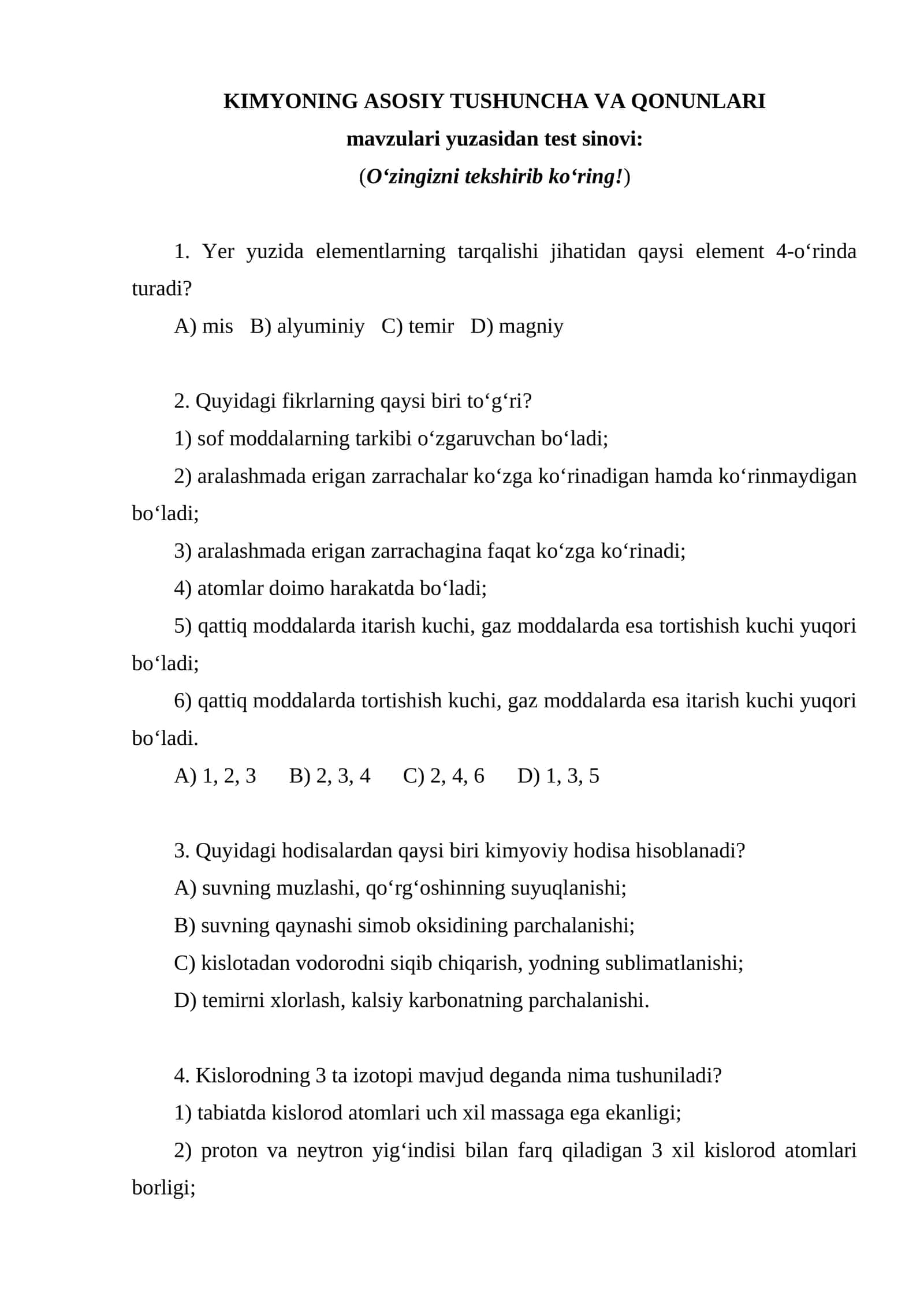 KIMYONING ASOSIY TUSHUNCHA VA QONUNLARI