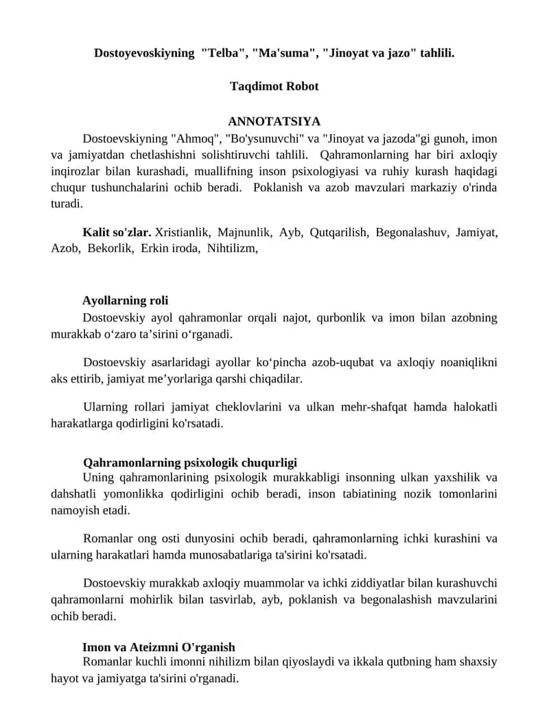 Dostoyevoskiyning "Telba", "Ma'suma", "Jinoyat va jazo" tahlili