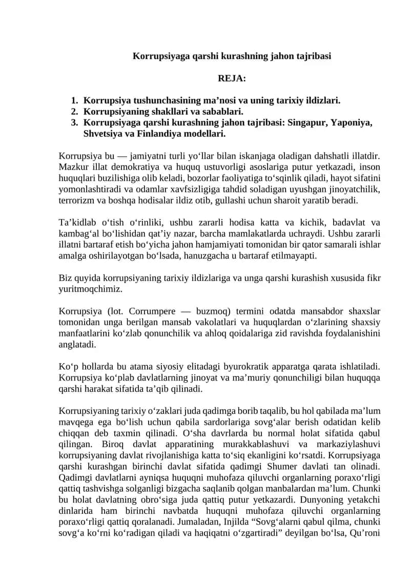 Korrupsiyaga qarshi kurashning jahon tajribasi
