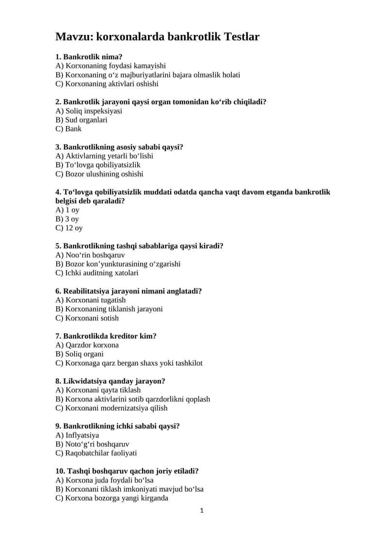 Bankrotlik Testlar