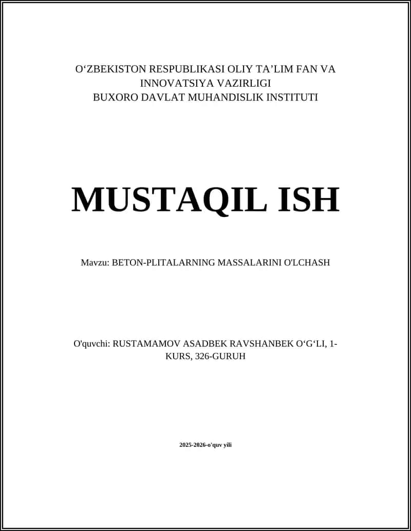 BETON-PLITALARNING MASSALARINI O'LCHASH