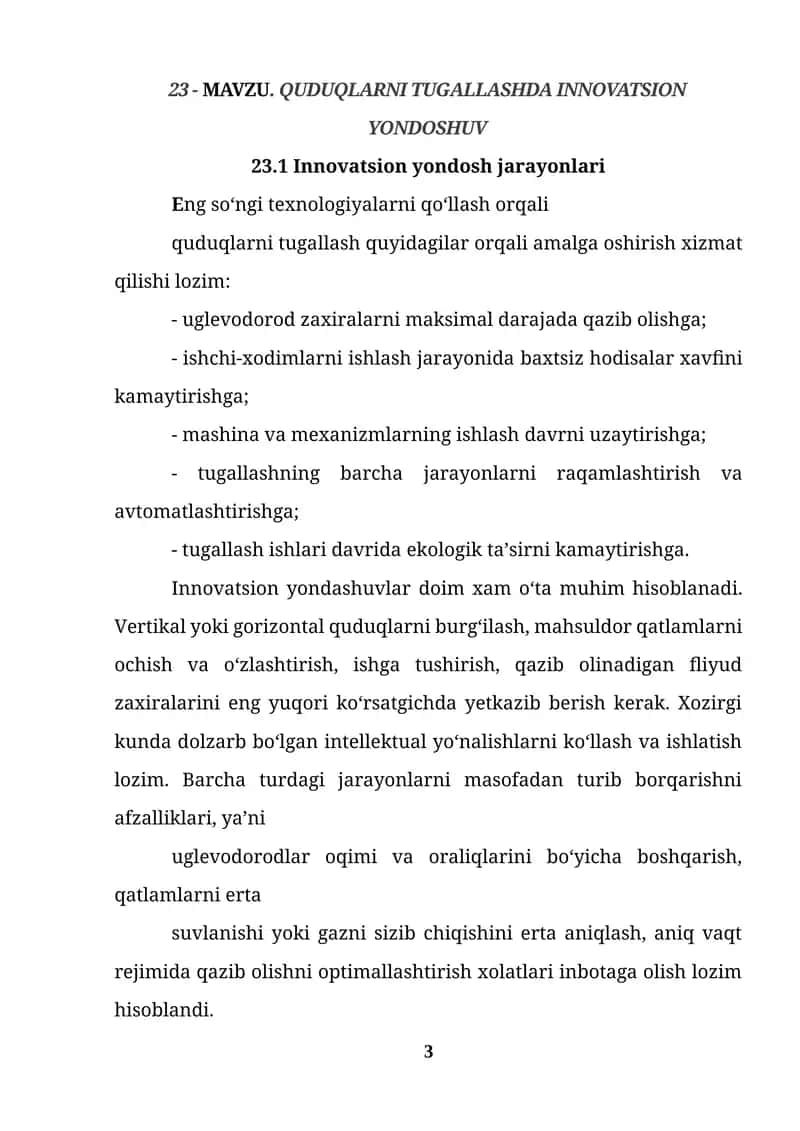 Mavzu. Quduqlarni tugallashda innovatsion yondoshuv