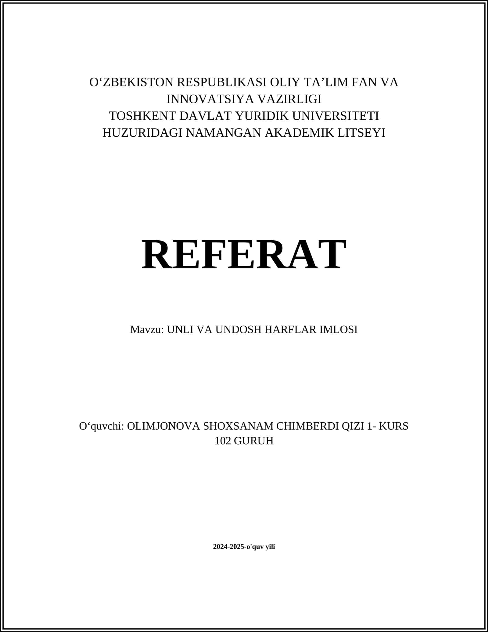 UNLI VA UNDOSH HARFLAR IMLOSI