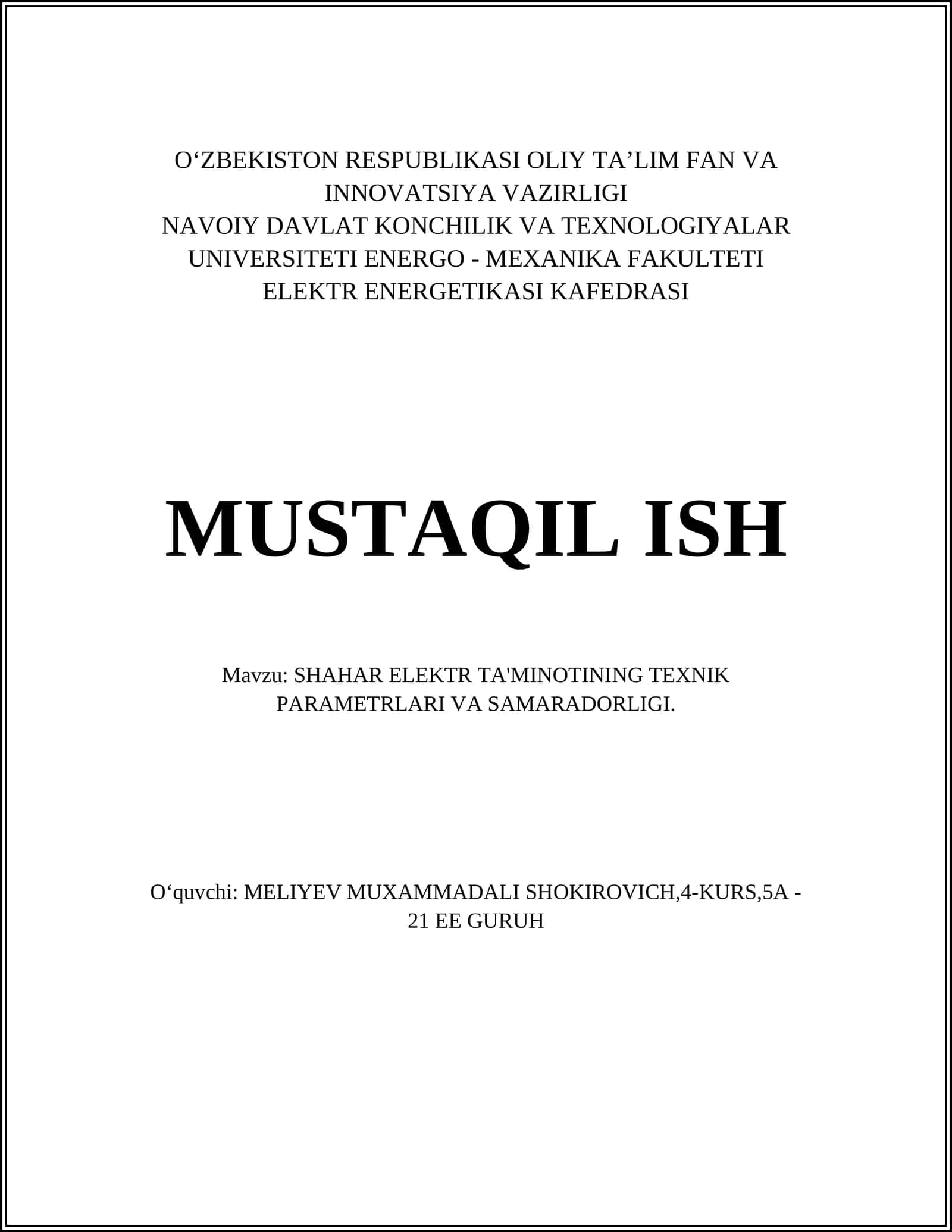 SHAHAR ELEKTR TA'MINOTINING TEXNIK PARAMETRLARI VA SAMARADORLIGI