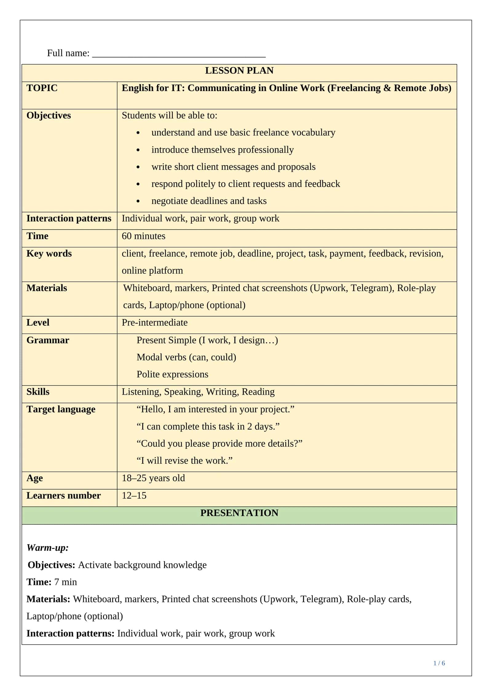 Lesson plan ESP focusing on English for IT, teaching freelance
