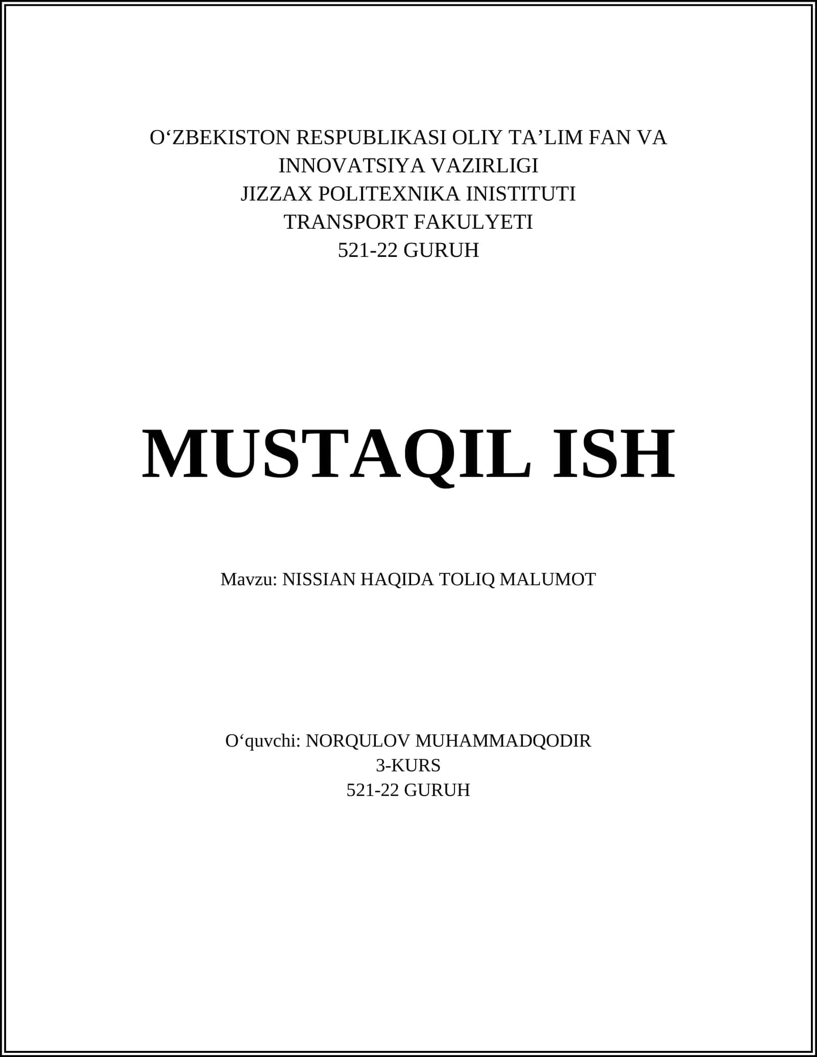 NISSIAN HAQIDA TOLIQ MALUMOT