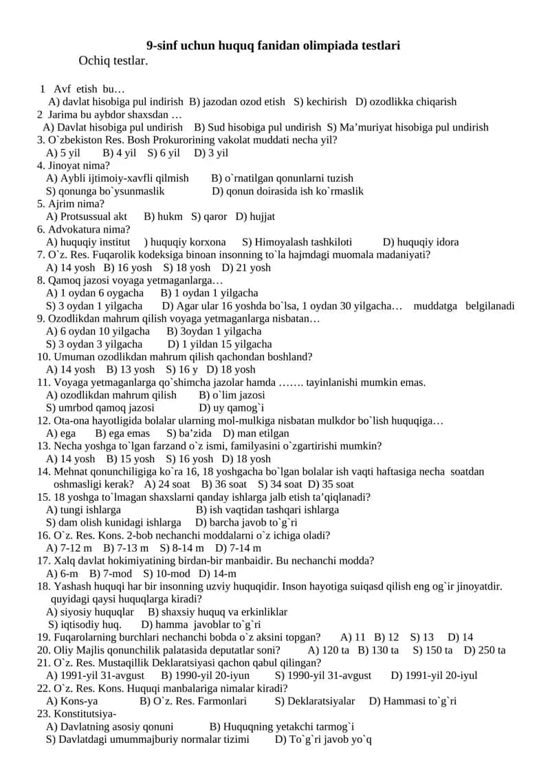 9-sinf uchun huquq fanidan olimpiada testlari