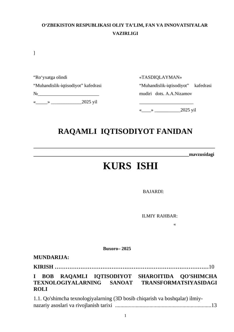 KURS ISHI RAQAMLI IQTISODIYOT FANIDAN