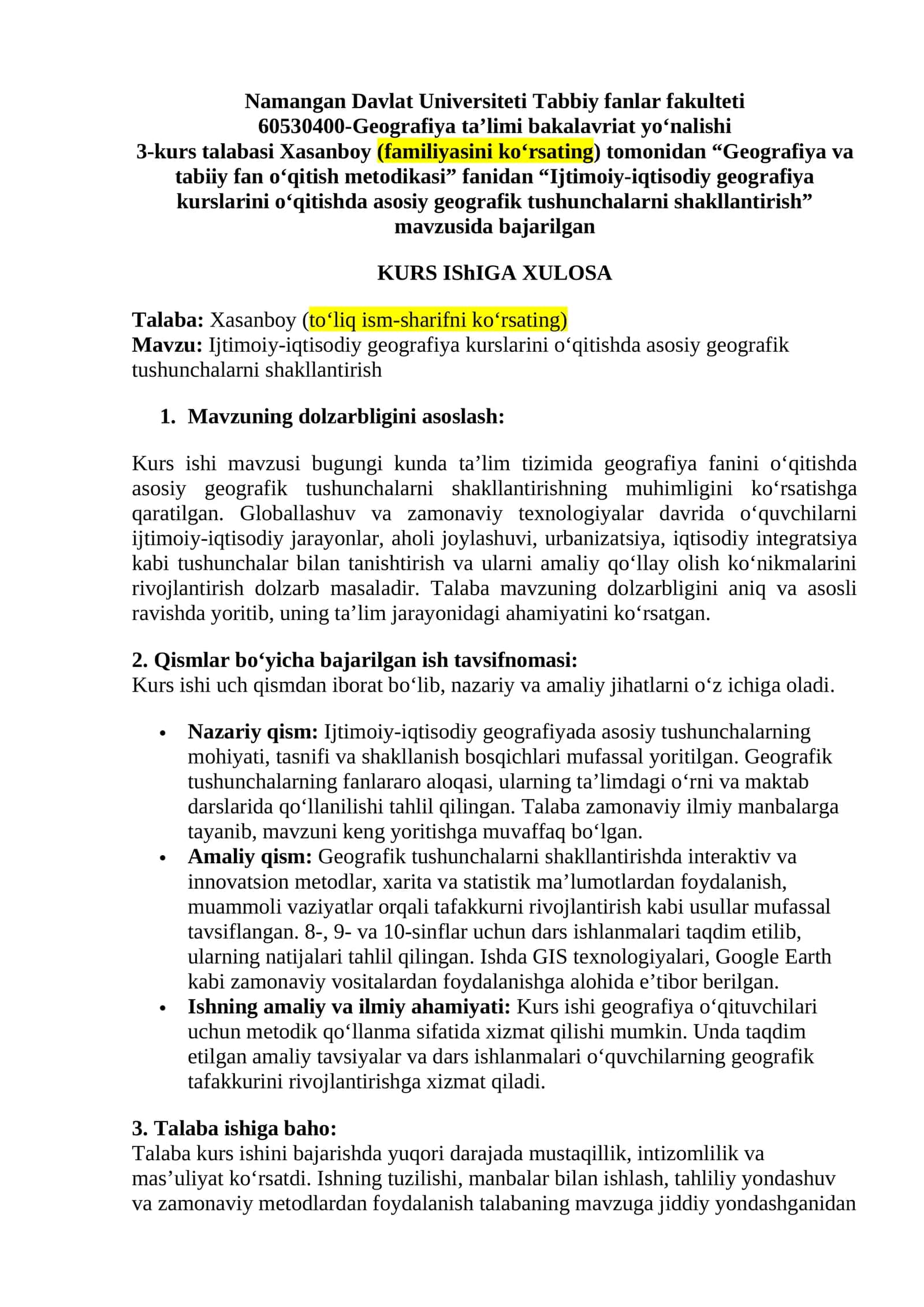 Geografiya va tabiiy fan o‘qitish metodikasi