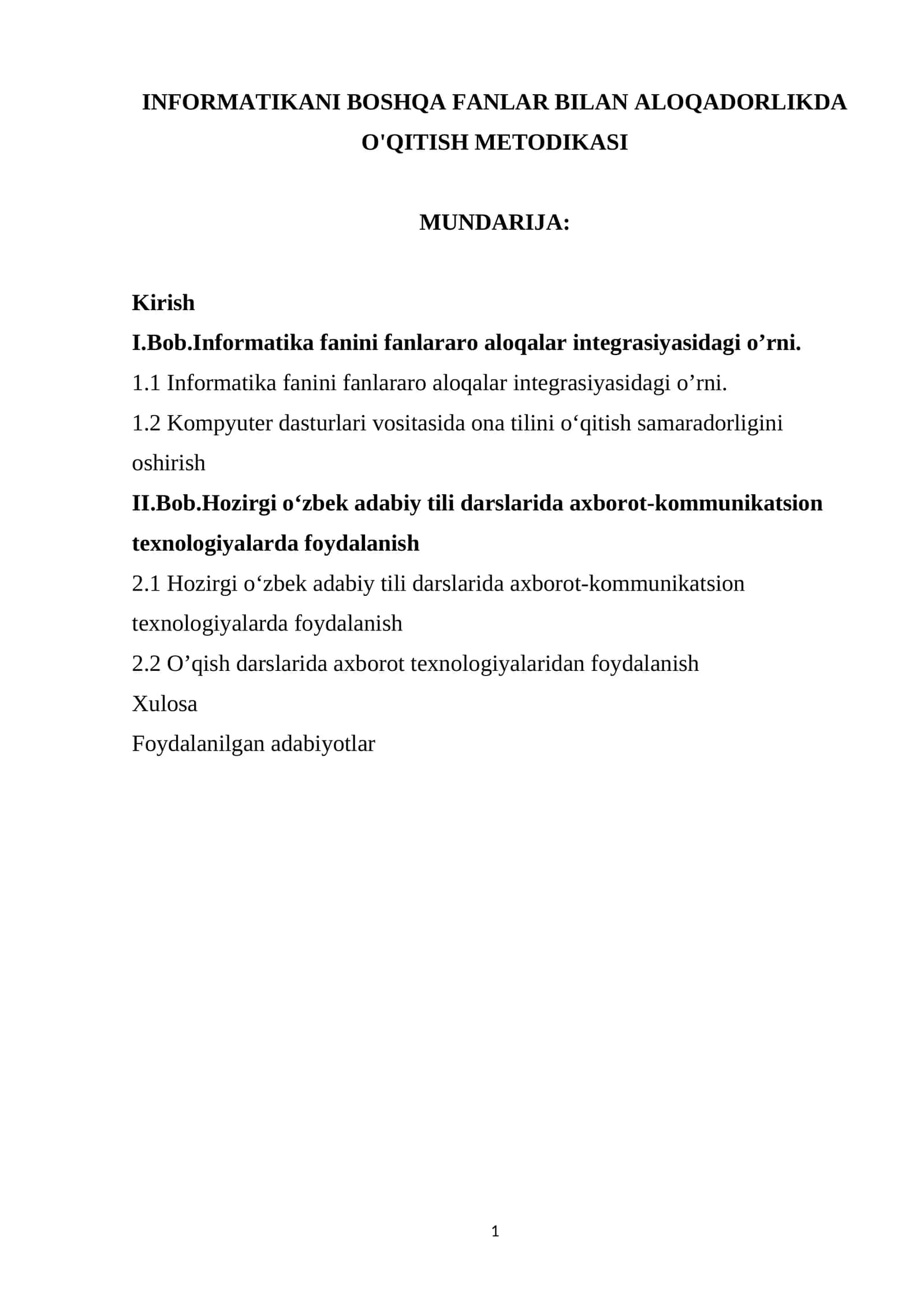INFORMATIKANI BOSHQA FANLAR BILAN ALOQADORLIKDA O'QITISH METODIKASI