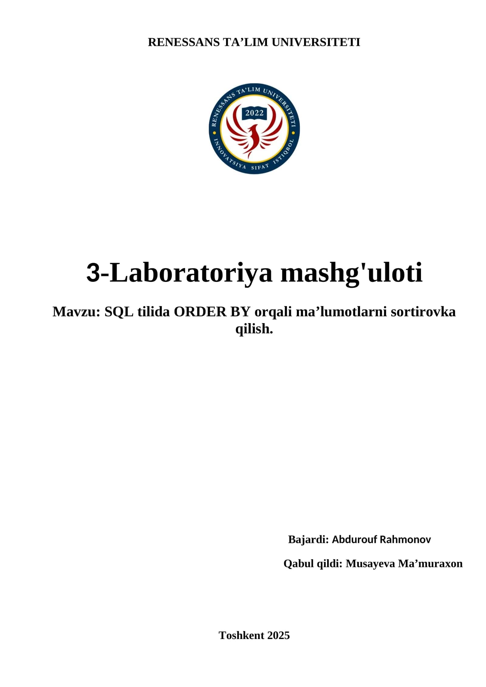 SQL tilida ORDER BY orqali ma’lumotlarni sortirovka qilish