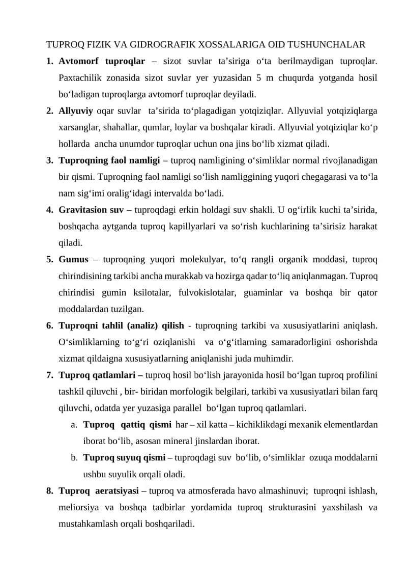 TUPROQ FIZIK VA GIDROGRAFIK XOSSALARIGA OID TUSHUNCHALAR
