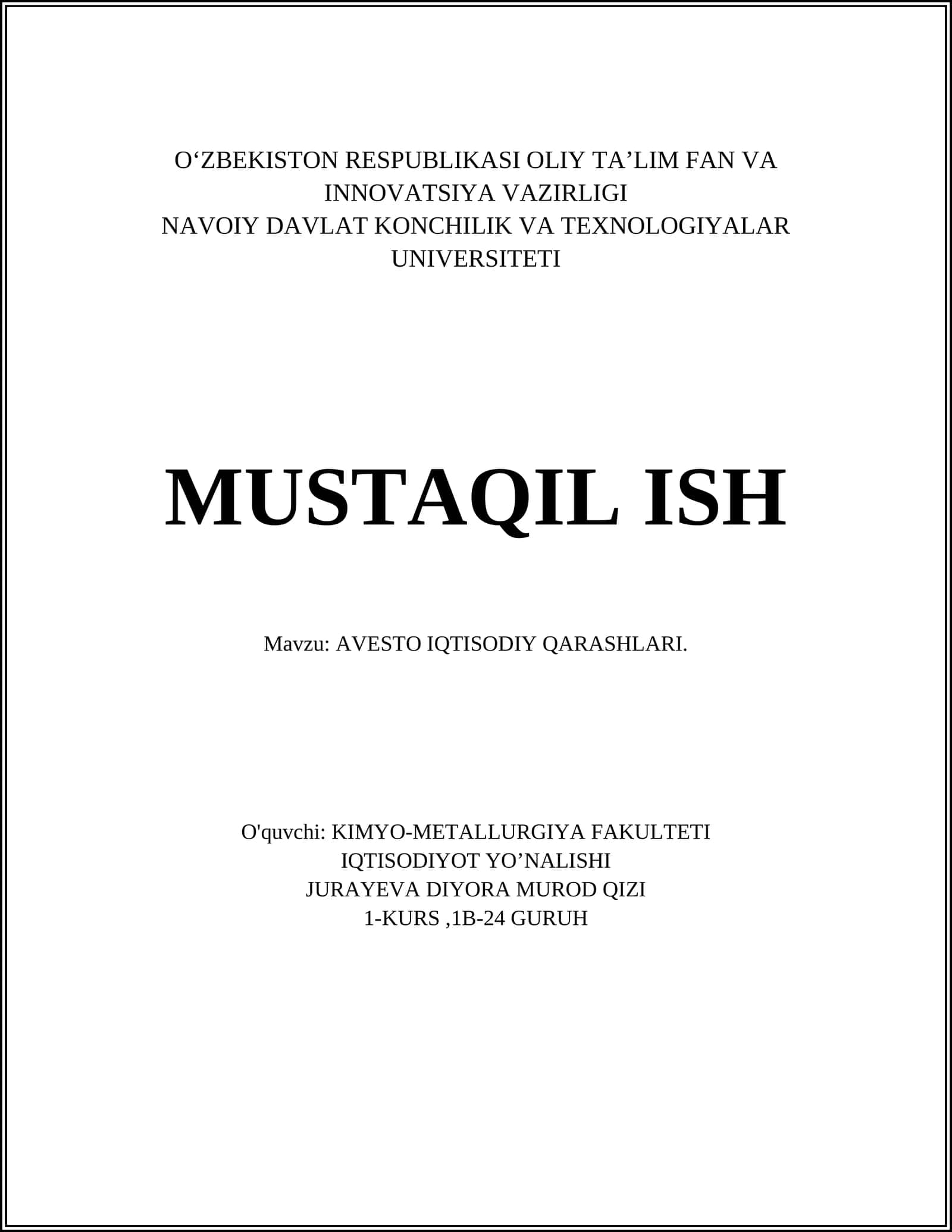 AVESTO IQTISODIY QARASHLARI