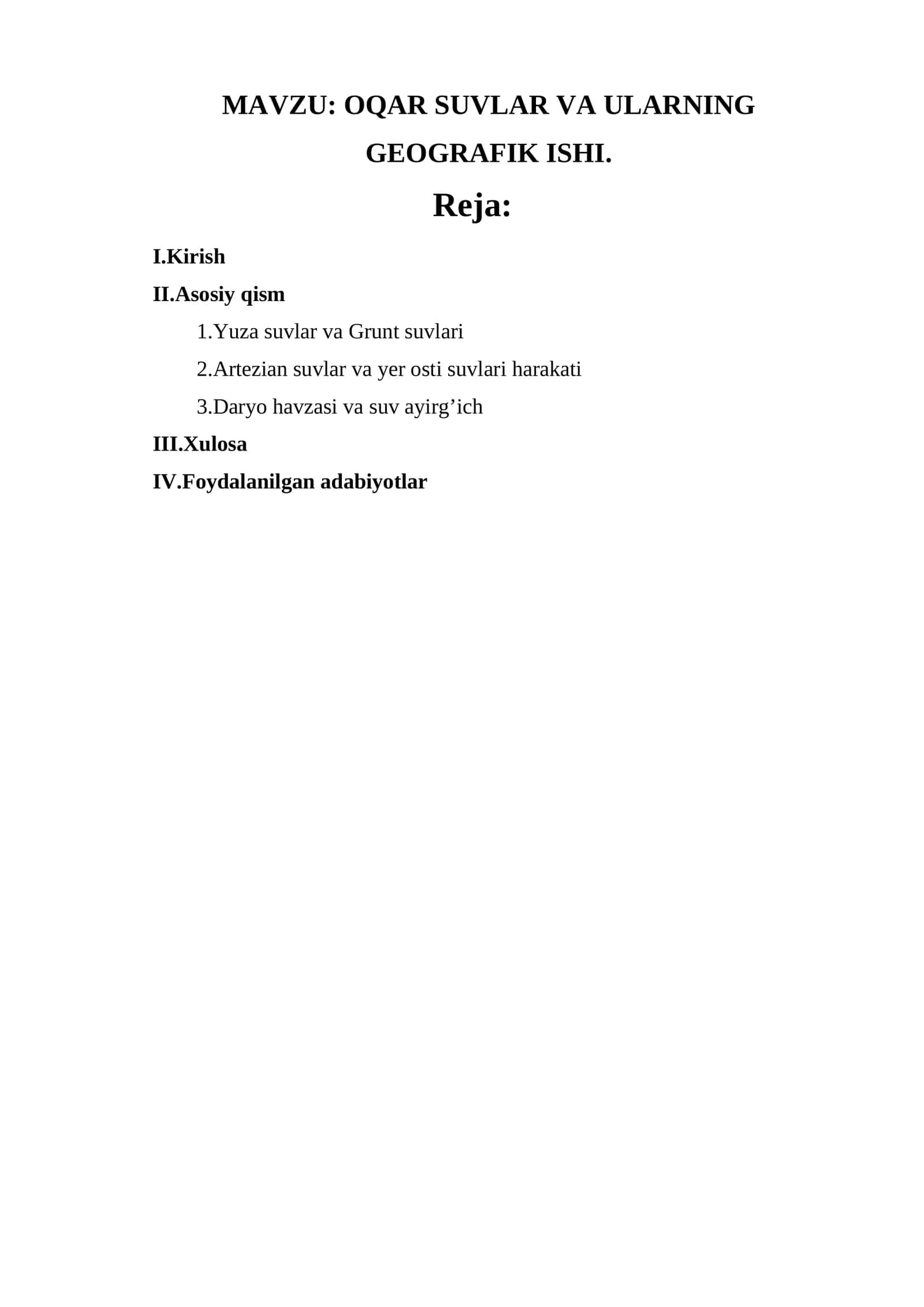 OQAR SUVLAR VA ULARNING GEOGRAFIK ISHI