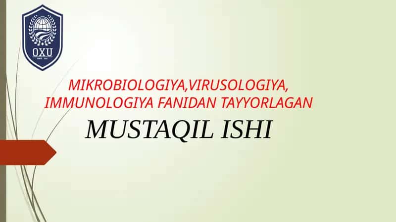 MIKROBIOLOGIYA, VIRUSOLOGIYA, IMMUNOLOGIYA FANIDAN TAYYORLAGANMUSTAQIL ISHI
