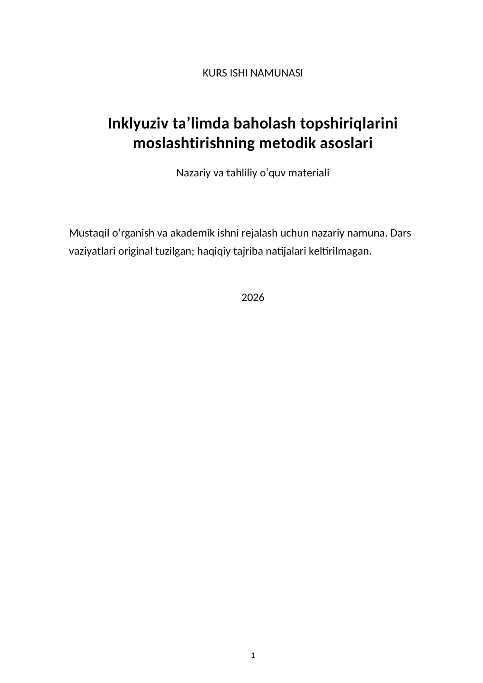 Inklyuziv ta’limda baholash topshiriqlarini moslashtirishning metodik asoslari — kurs ishi namunasi