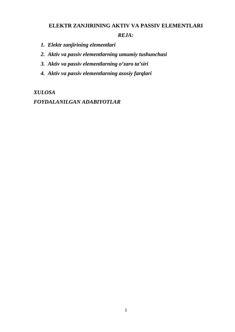ELEKTR ZANJIRINING AKTIV VA PASSIV ELEMENTLARI