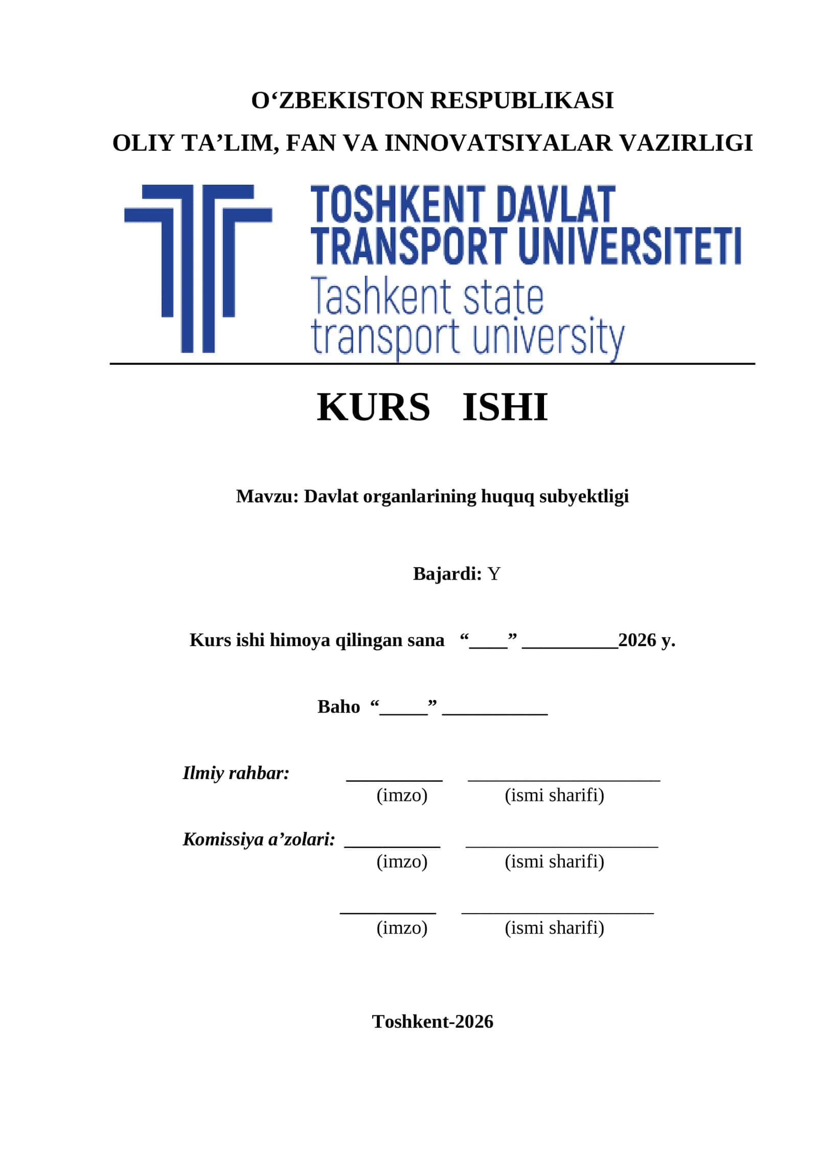 Davlat organlarining huquq subyektligi kurs ishi