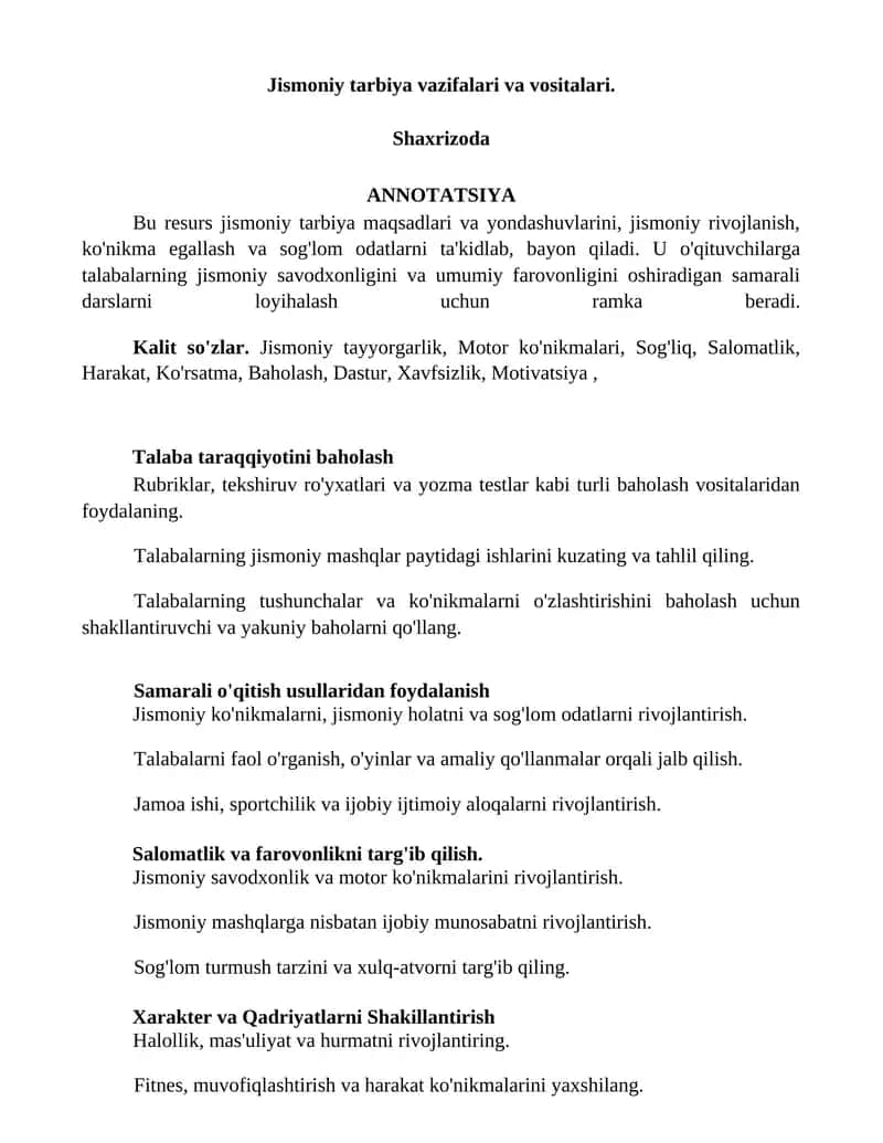 Jismoniy tarbiya vazifalari va vositalari