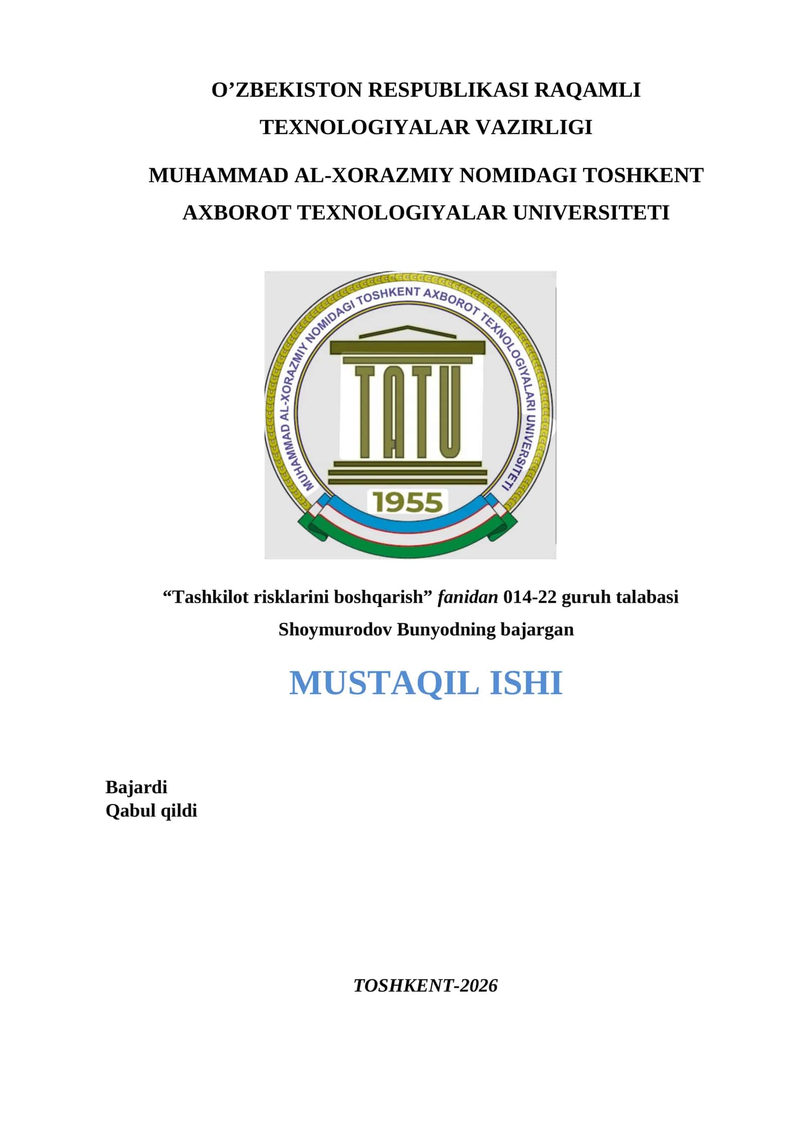 Ihtiyoriy 1 o’z brendiga ega bo’lgan tashkilot olib uni tahlil qilib yuzaga kelishi mumkun bo’lgan risklarni baholash hamda solishtirma tahlil qilib yozib tushuntirib bering