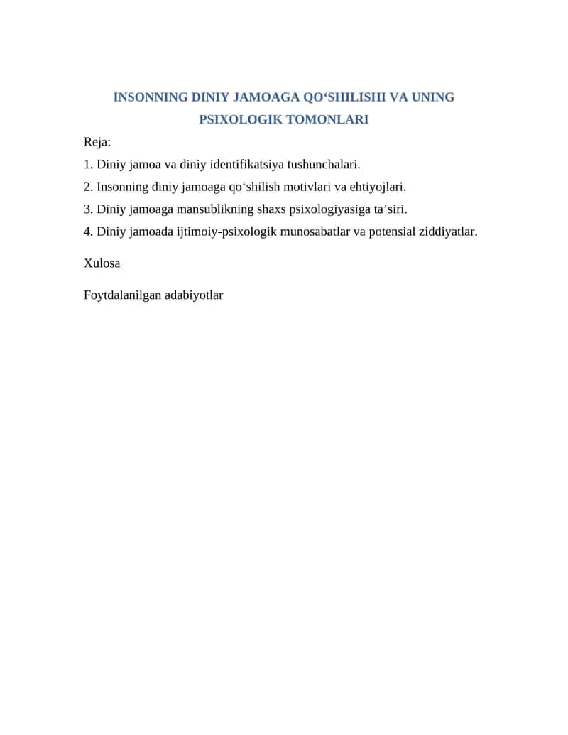 INSONNING DINIY JAMOAGA QO‘SHILISHI VA UNING PSIXOLOGIK TOMONLARI