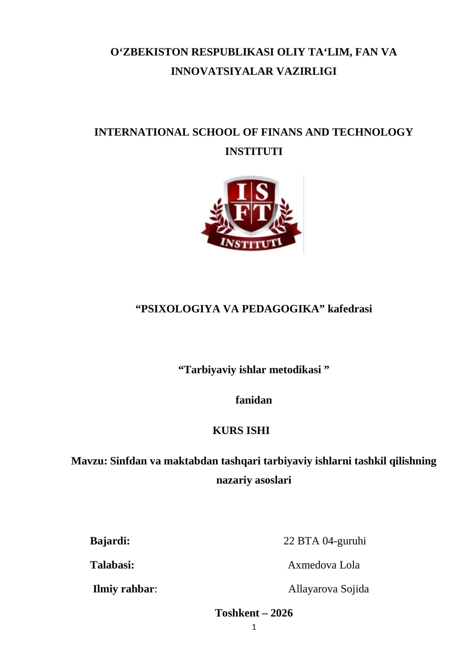 Sinfdan va maktabdan tashqari tarbiyaviy ishlarni tashkil qilishning nazariy asoslari