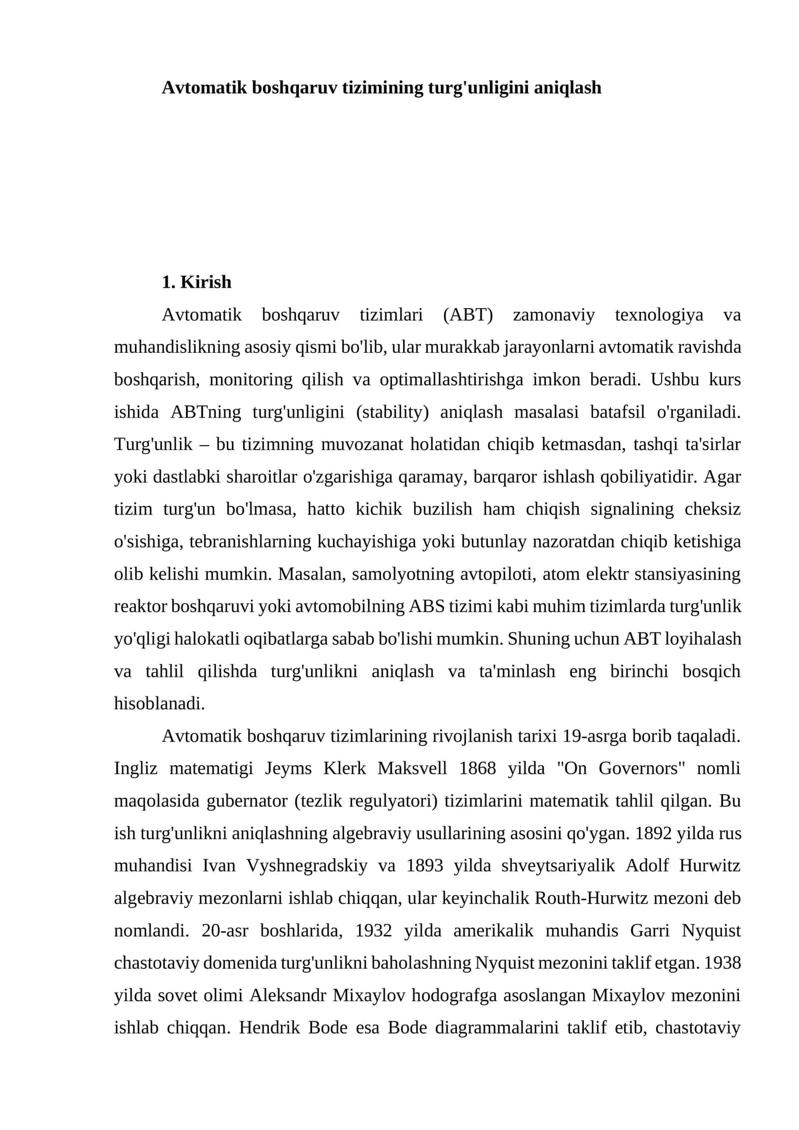 Avtomatik boshqaruv tizimining turg'unligini aniqlash