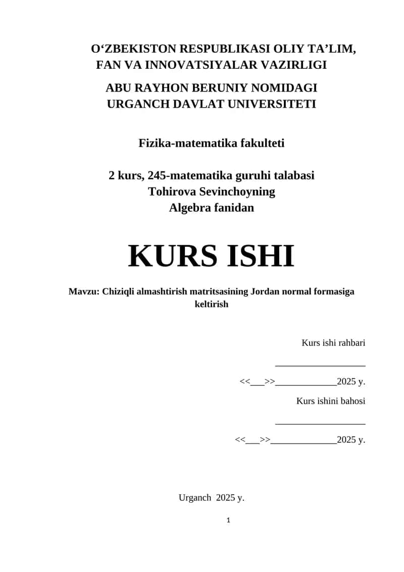 Chiziqli almashtirish matritsasining Jordan normal formasiga keltirish