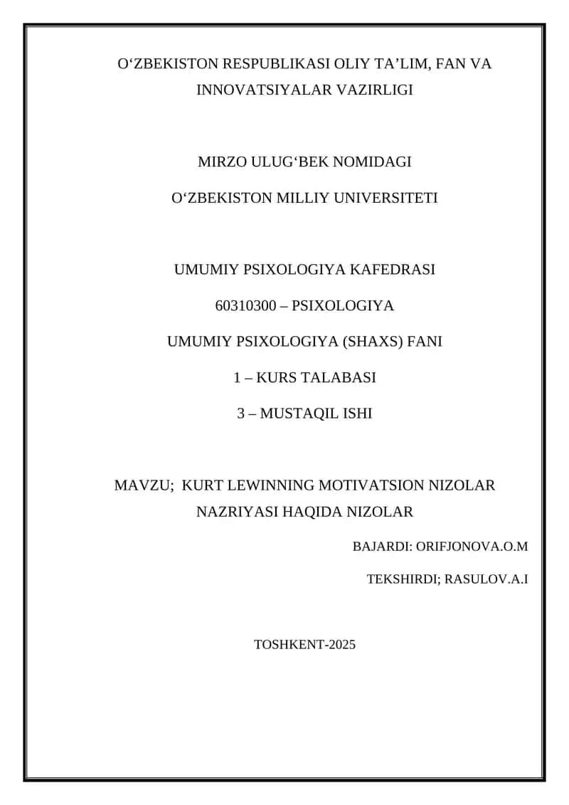 KURT LEWINNING MOTIVATSION NIZOLAR NAZRIYASI HAQIDA NIZOLAR